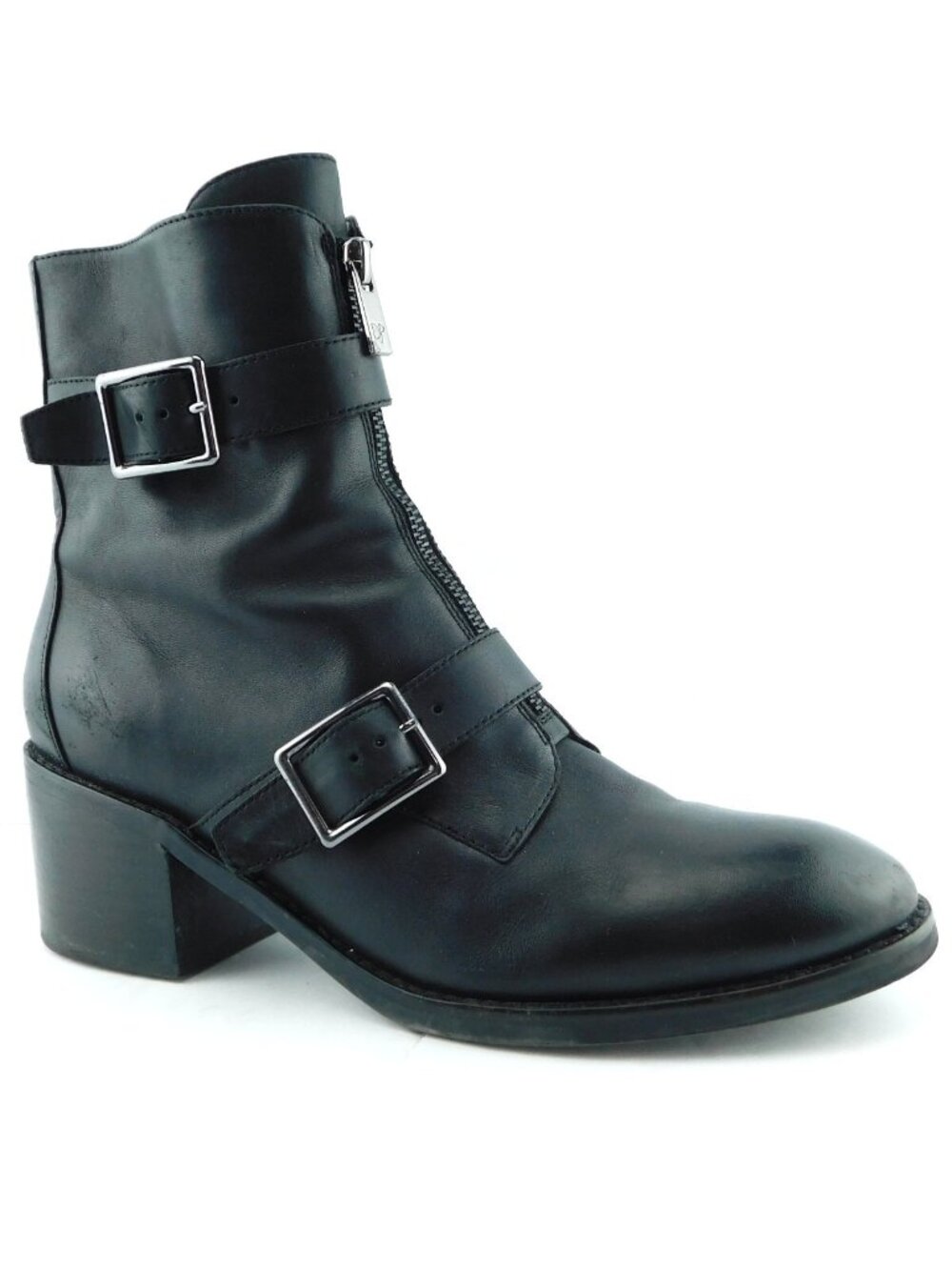 DONALD PLINER Black Leather Strap & Zipper Block Heel Ankle Boots 9.5